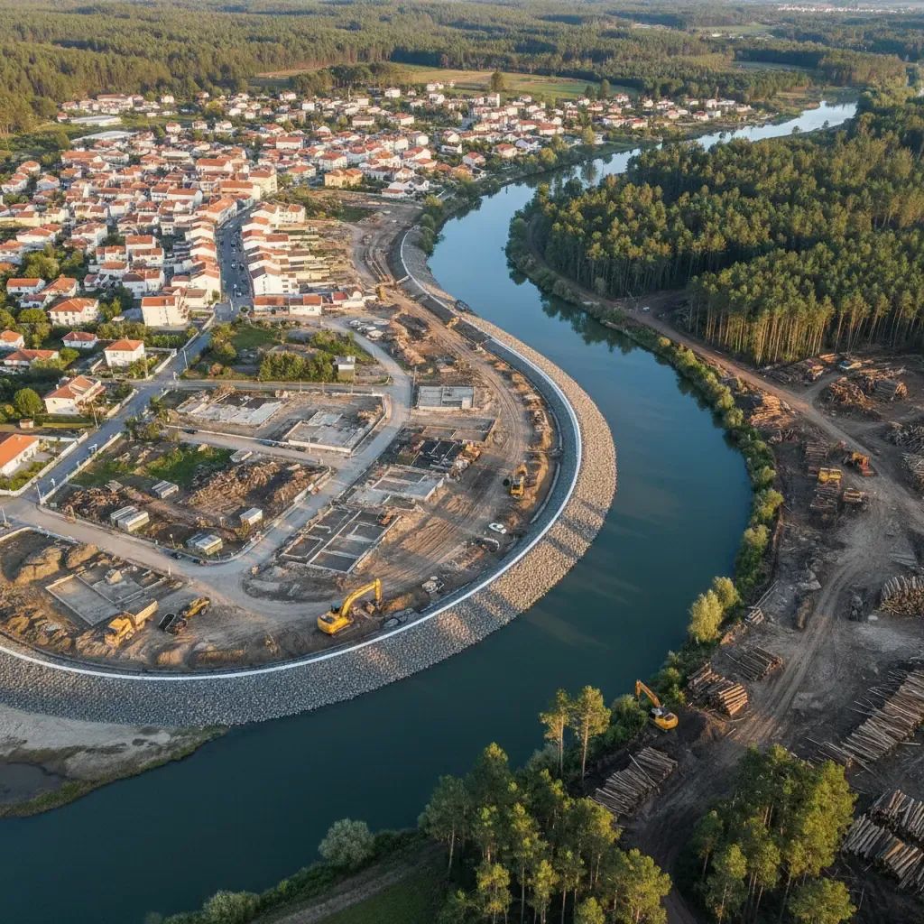 Aerial view of Portuguese flood recovery area with dike repairs and debris clearing operations underway