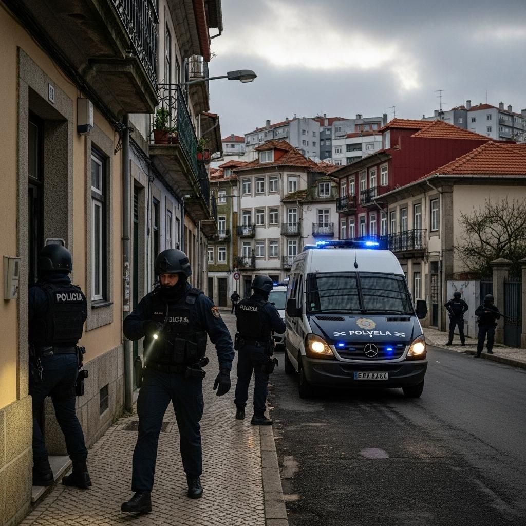 Police officers in tactical gear conducting a dawn raid outside a Porto residential building