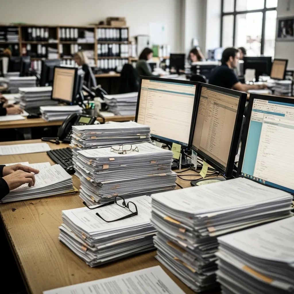 Staff sorting stacks of residency files in a Portuguese government office