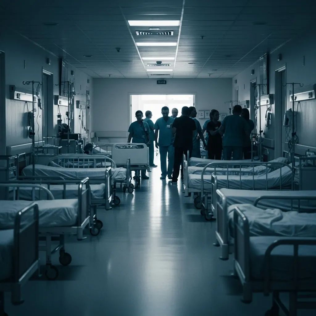 Hospital corridor with rows of extra beds and medical staff preparing for flu season
