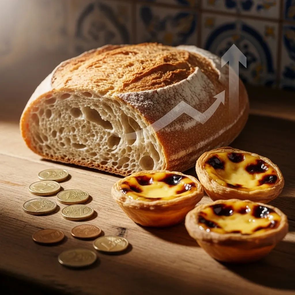 Loaf of bread and pastel de nata with euro coins symbolizing rising bakery prices in Portugal