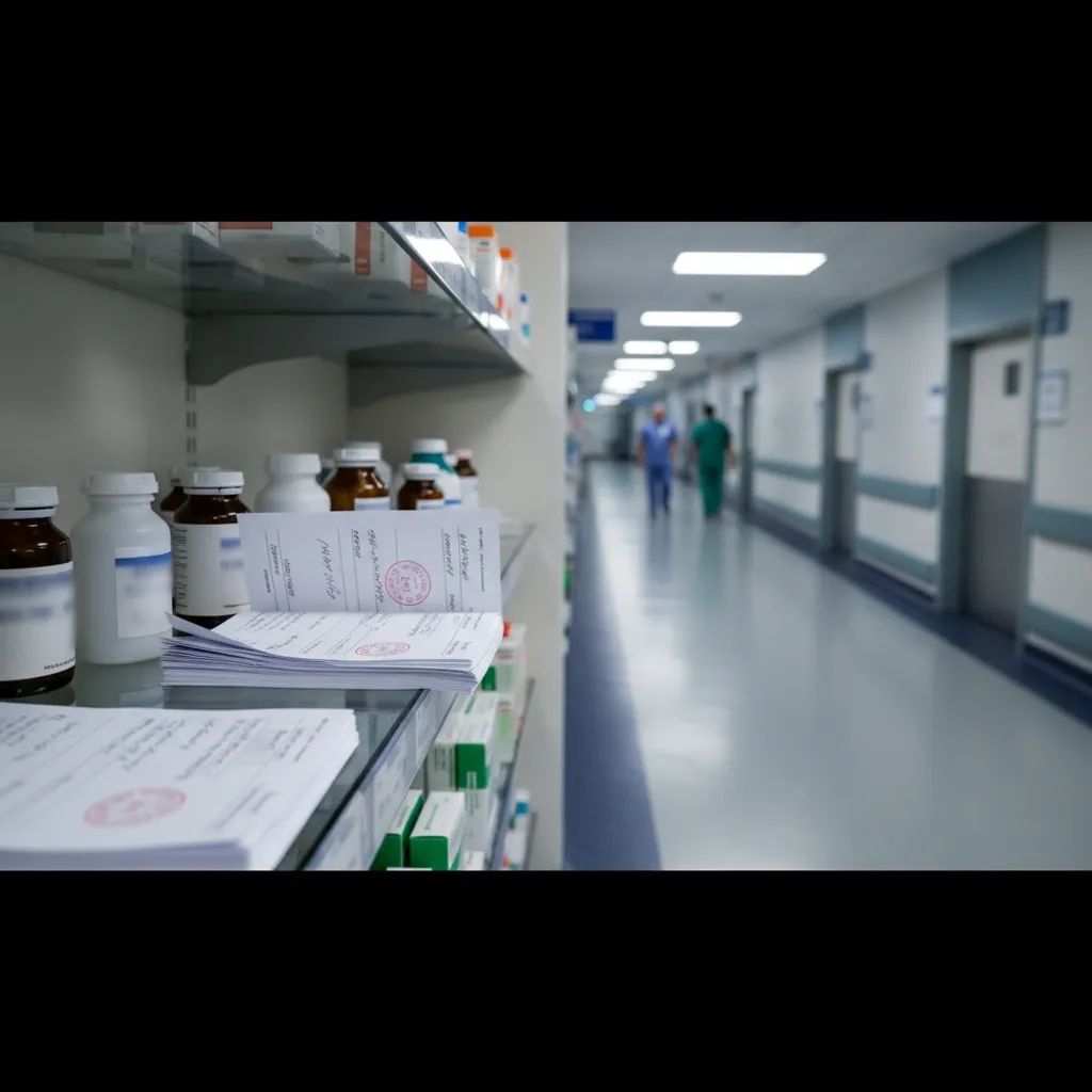 Pharmacy shelves with prescription medications and healthcare documentation in professional setting