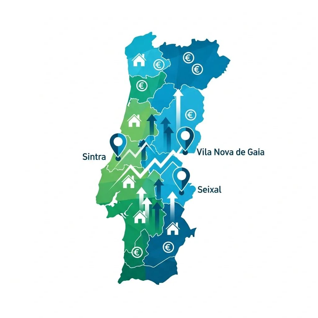Portugal map infographic with house icons, euro symbols, and upward arrows indicating rising housing costs