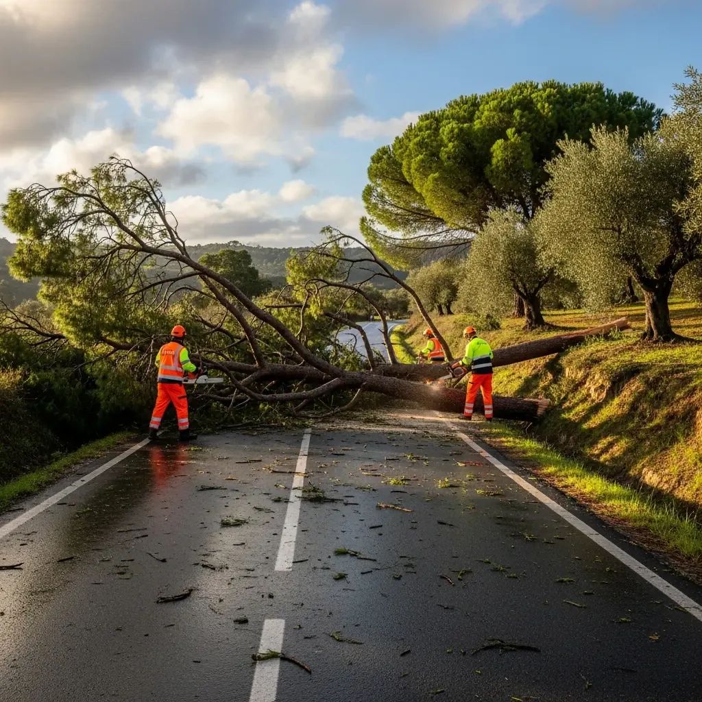 Distant emergency crew clearing fallen pine trees along an Algarve road after a storm