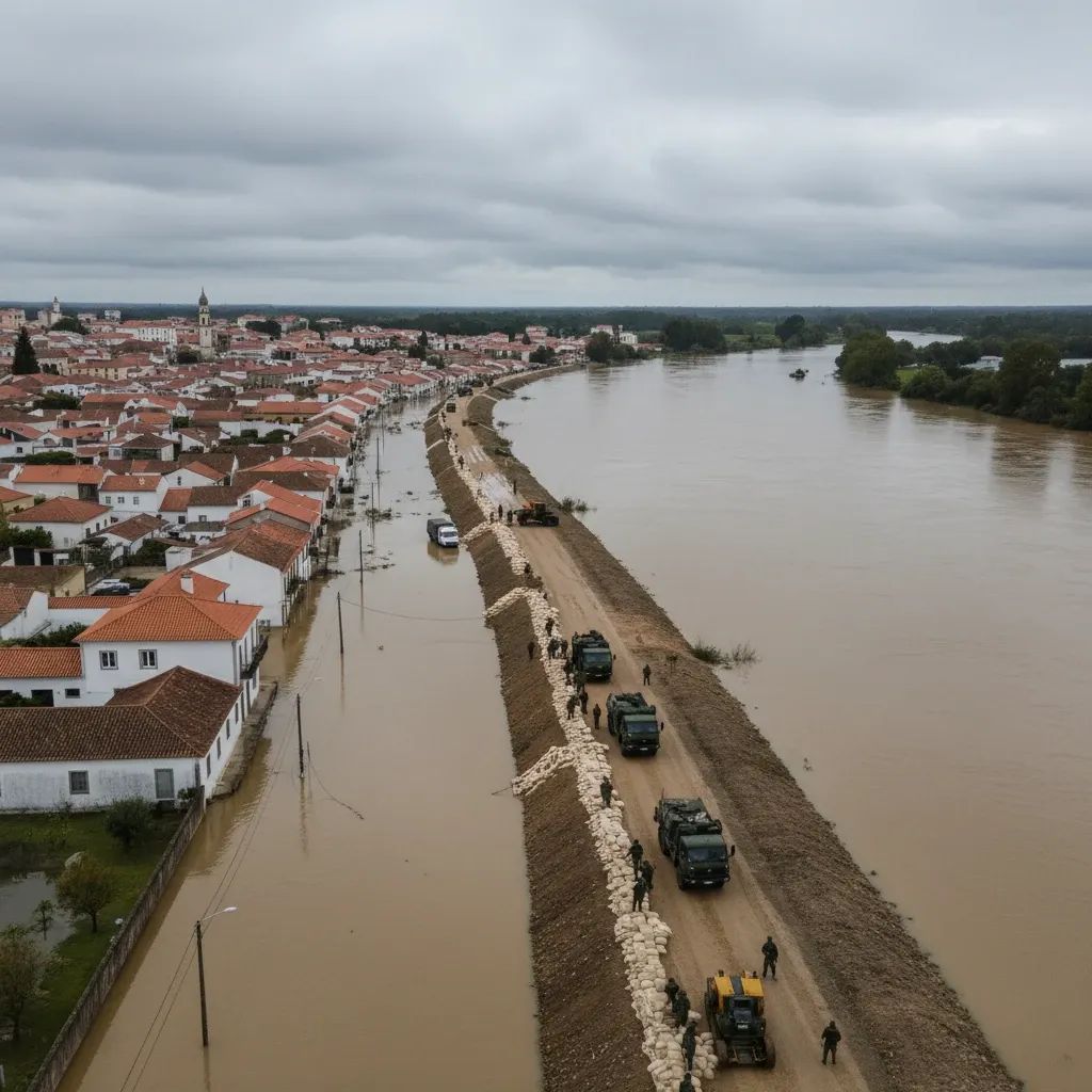 Aerial view of flooded Portuguese town with red-roofed houses and military trucks reinforcing river dike