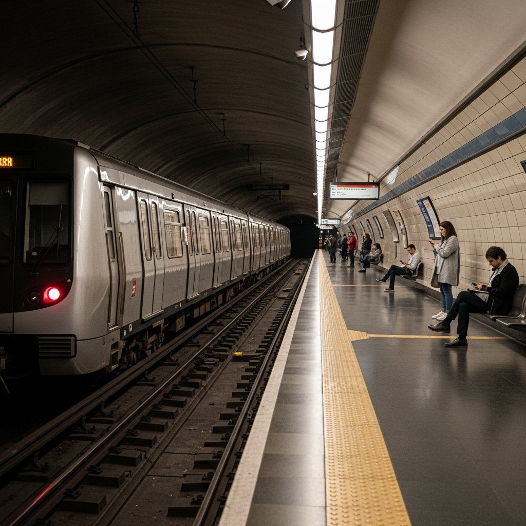 Lisbon Metro platform with few commuters waiting during a service slowdown