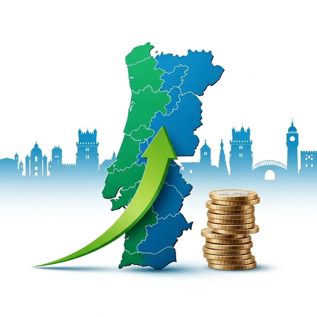 Infographic of Portugal map with euro coins and upward arrow showing budget surplus