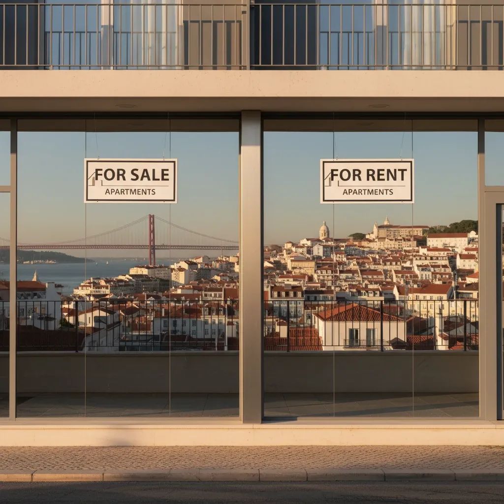 Portuguese apartment buildings with property sale and rental signs, urban city skyline in background