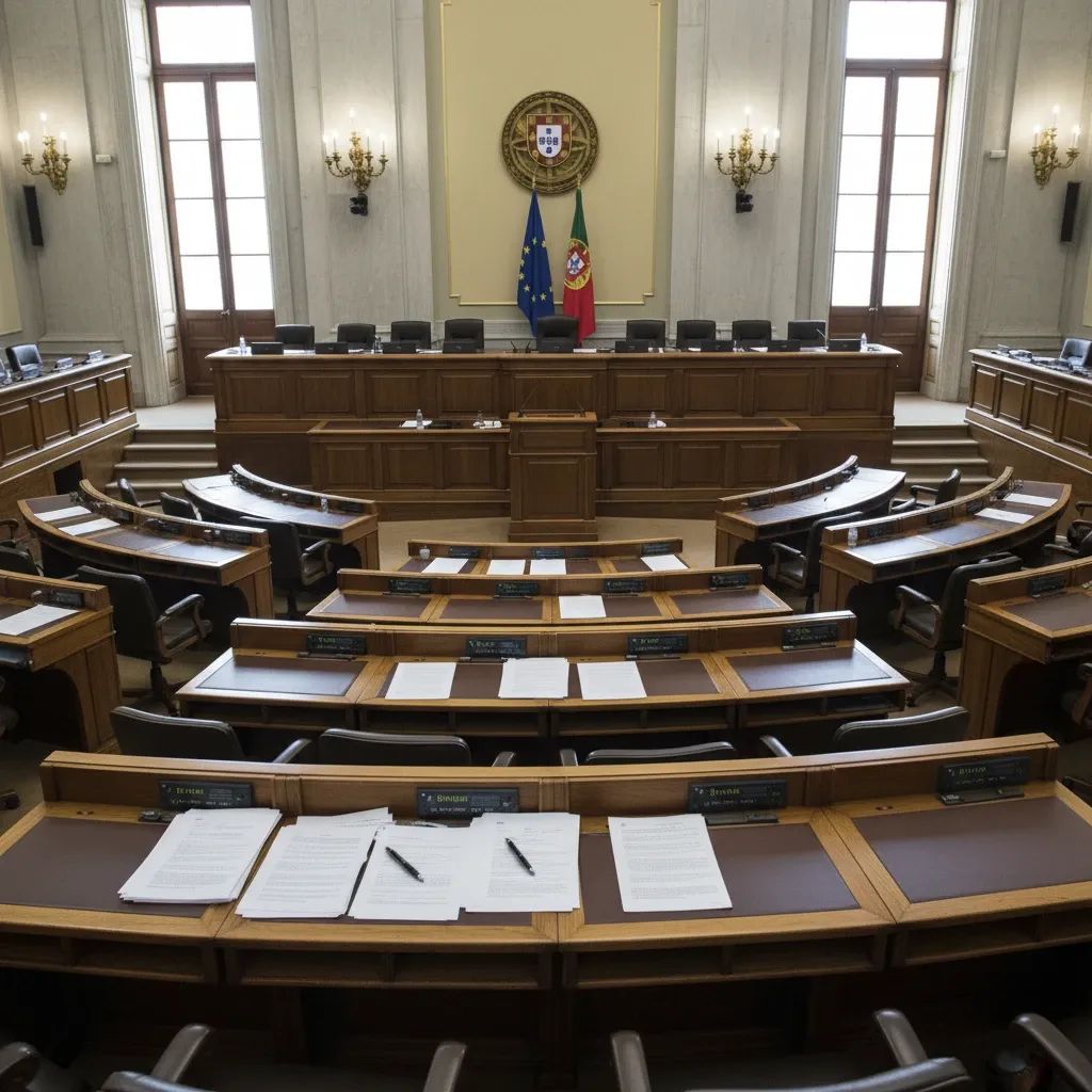 Portuguese parliament chamber during legislative debate session with flags and official government setting