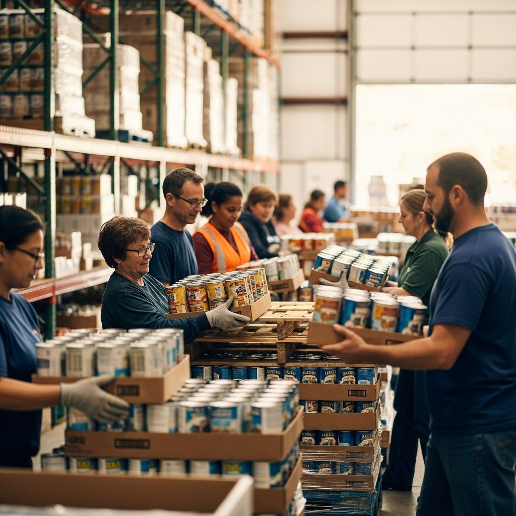 Volunteers in a warehouse sorting and stacking pallets of food donations