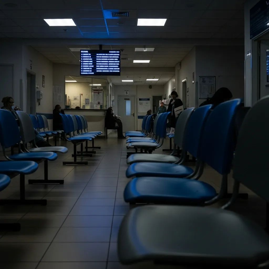 Wide shot of Santa Maria Hospital emergency waiting area with chairs and digital queue display