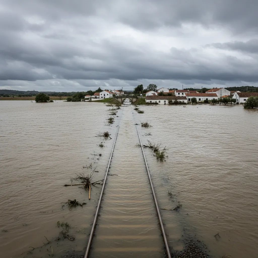 Flooded railway tracks in rural Portuguese landscape under overcast sky