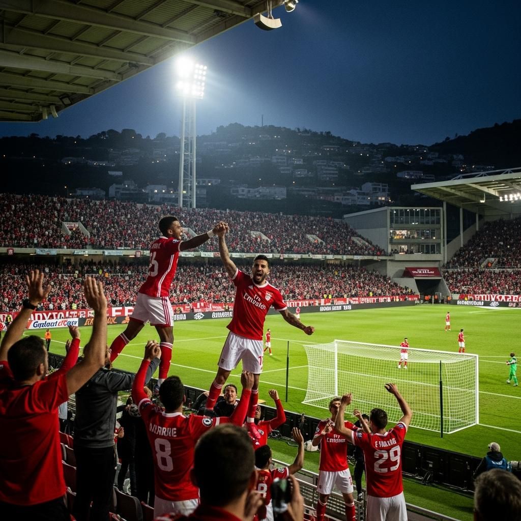 Benfica players celebrating a late goal at Estádio da Madeira under floodlights
