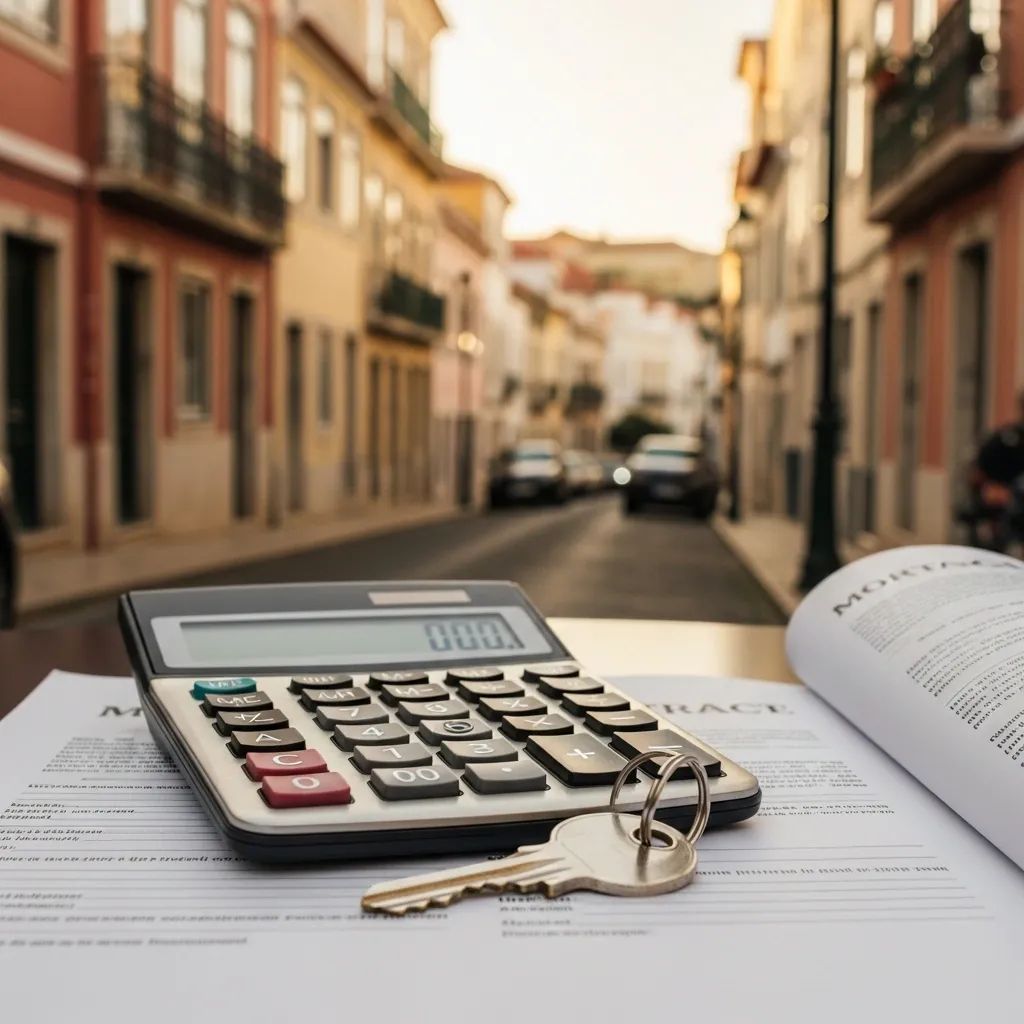 Calculator and house key on mortgage contract with Portuguese home blurred in background