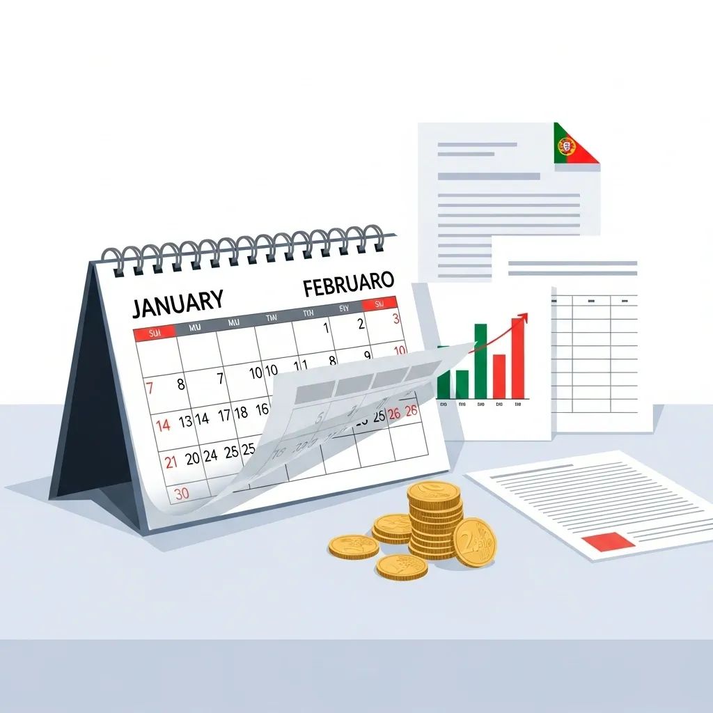 Illustration of a calendar flipping from January to February with tax documents and euro coins