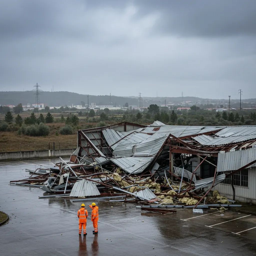 Storm-damaged factory in central Portugal with collapsed roof and workers assessing debris
