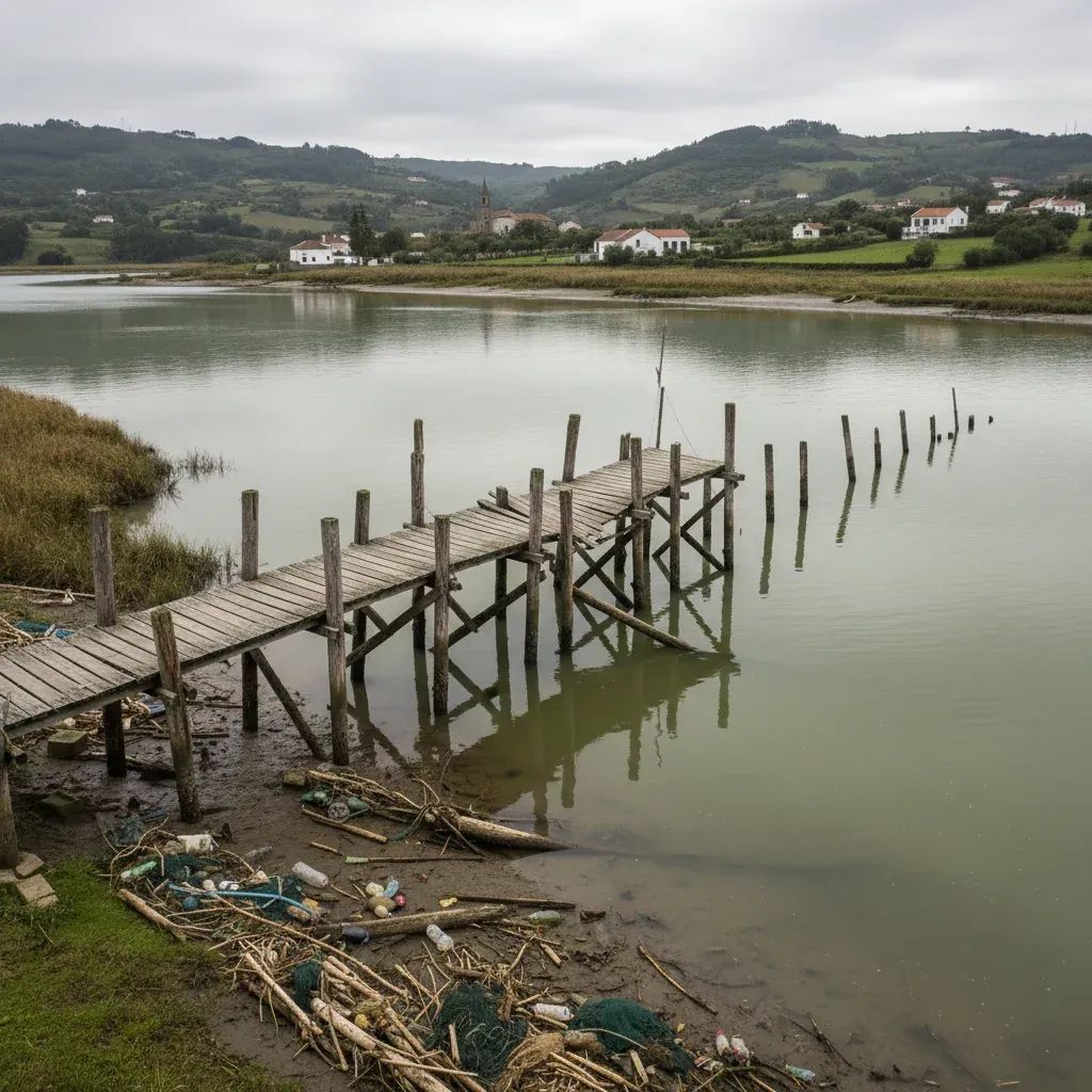Partially collapsed wooden stilt pier on the Sado estuary after severe storm damage