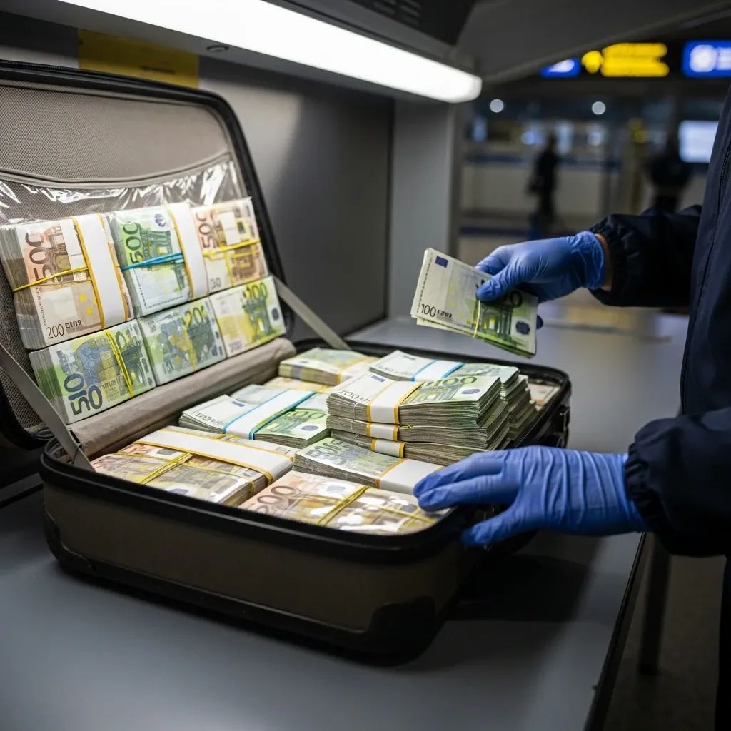 Customs officer inspecting a suitcase of euro banknotes at Lisbon Airport