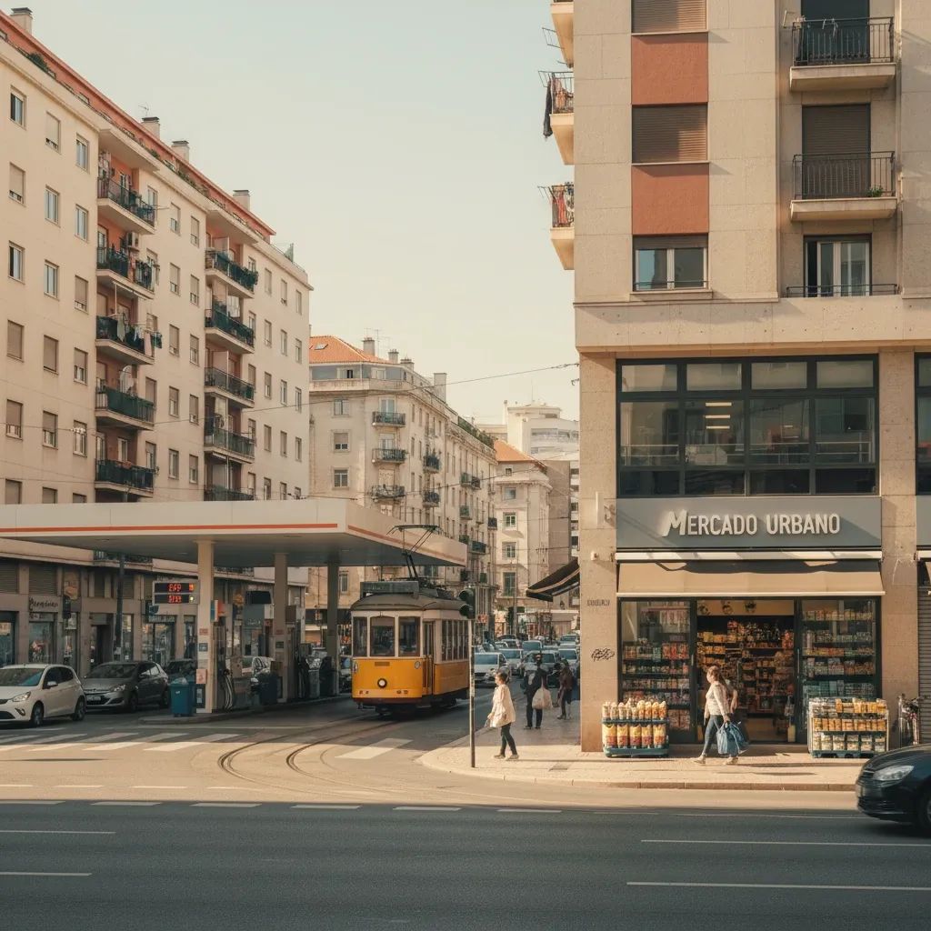 Portuguese city street showing residential buildings, gas station, and retail storefronts representing rising living costs