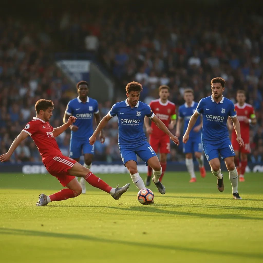 Football players competing in FA Cup match on English stadium field with stadium lights