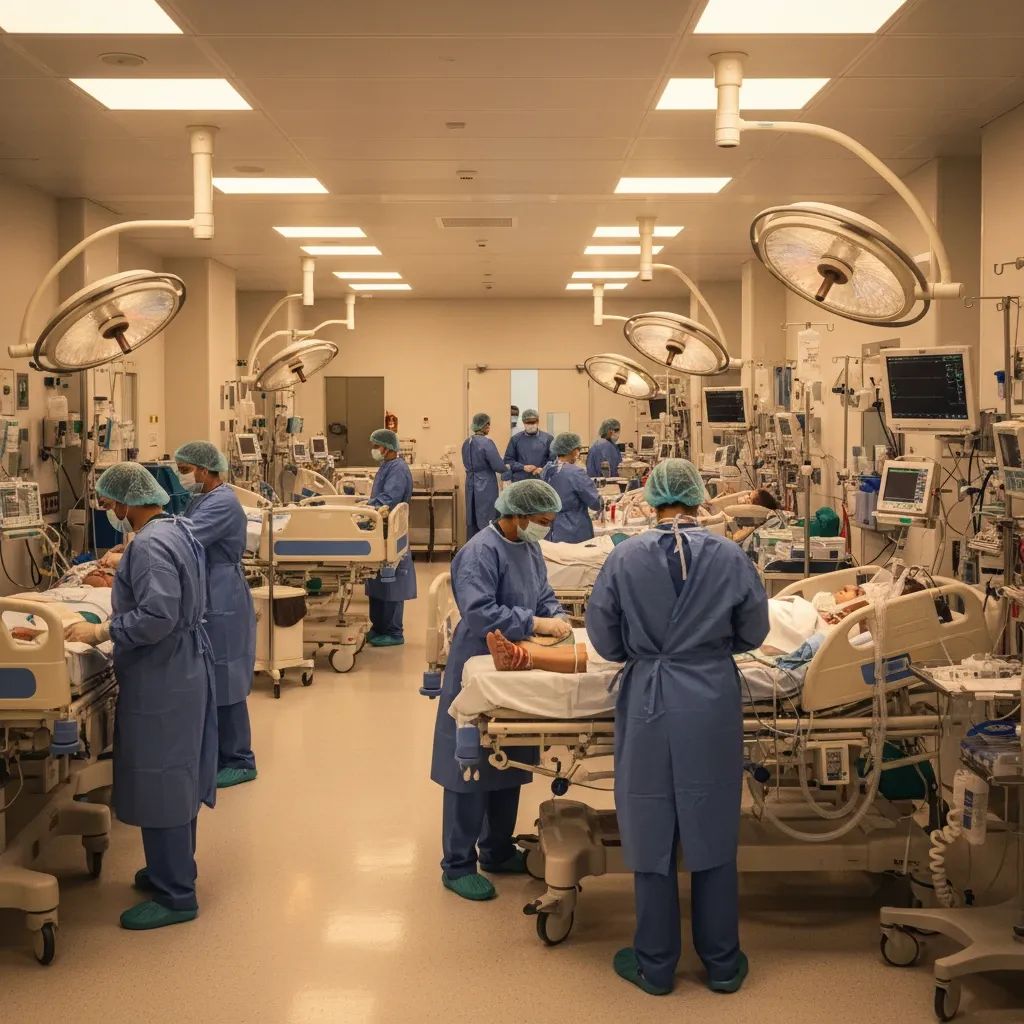 Hospital emergency department staff treating trauma patients during disaster response operations