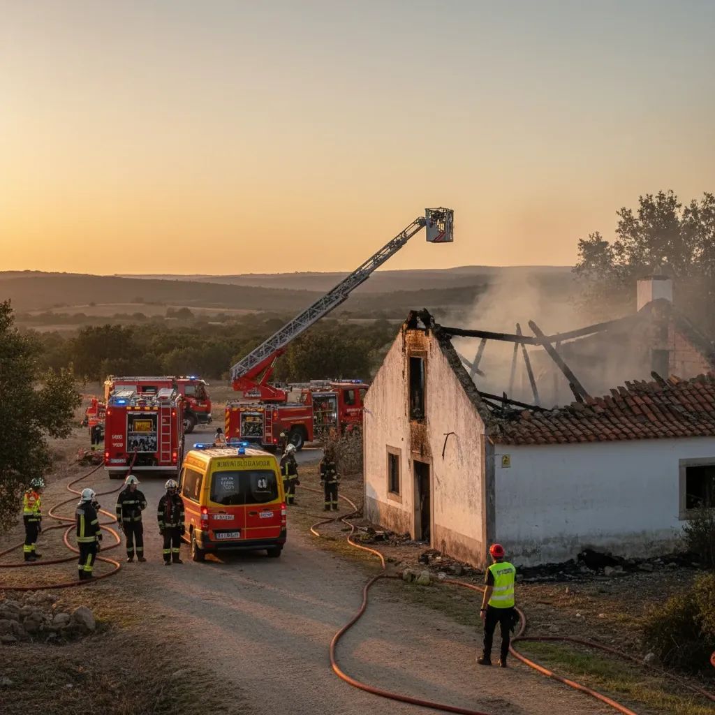 Emergency responders managing residential fire in Portuguese Alentejo town