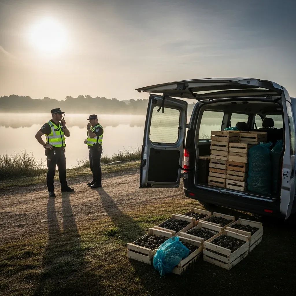 Coastal police inspecting crates of live shellfish by a van near the Ria de Aveiro at dawn