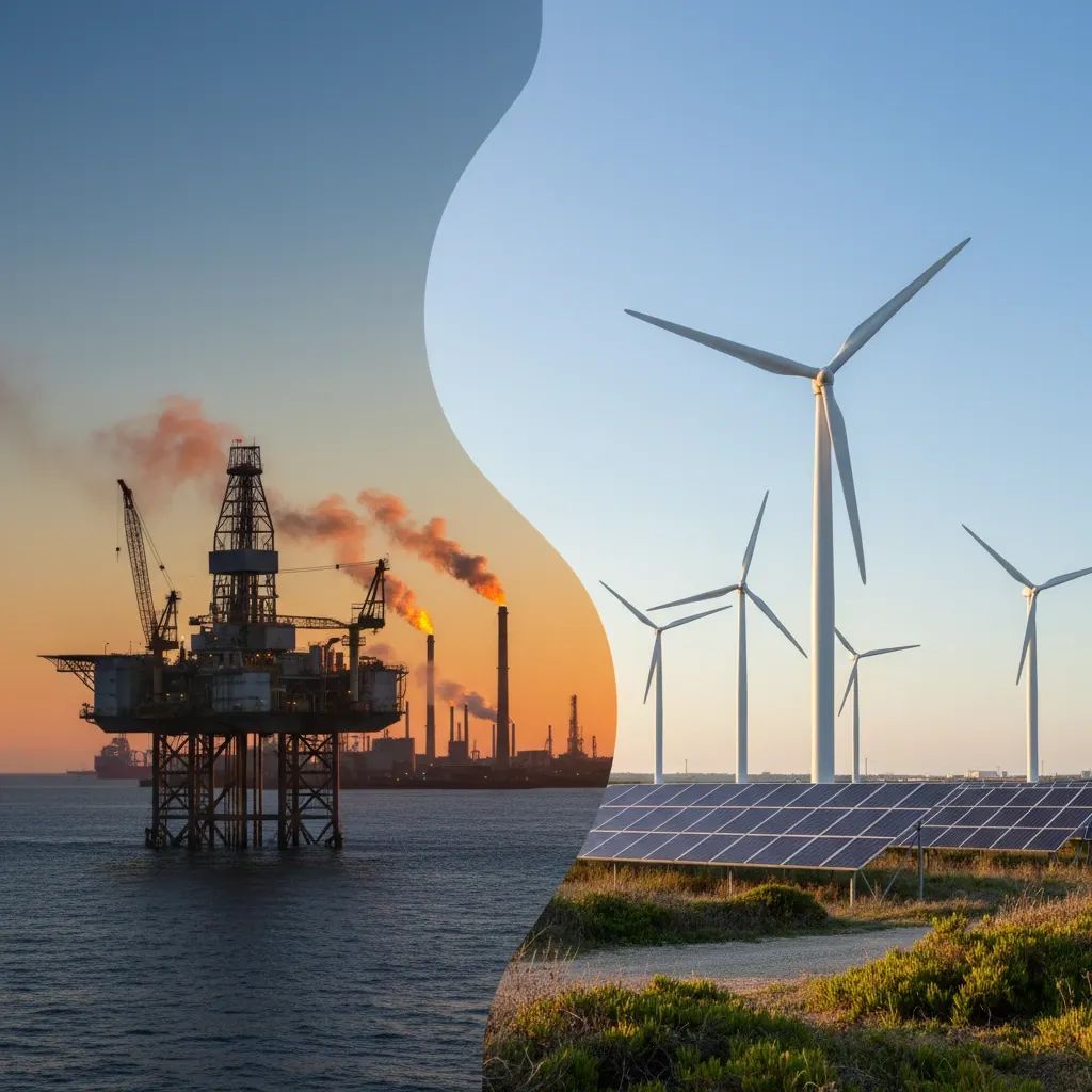 Offshore oil platform alongside renewable energy infrastructure representing Galp's transition to green energy