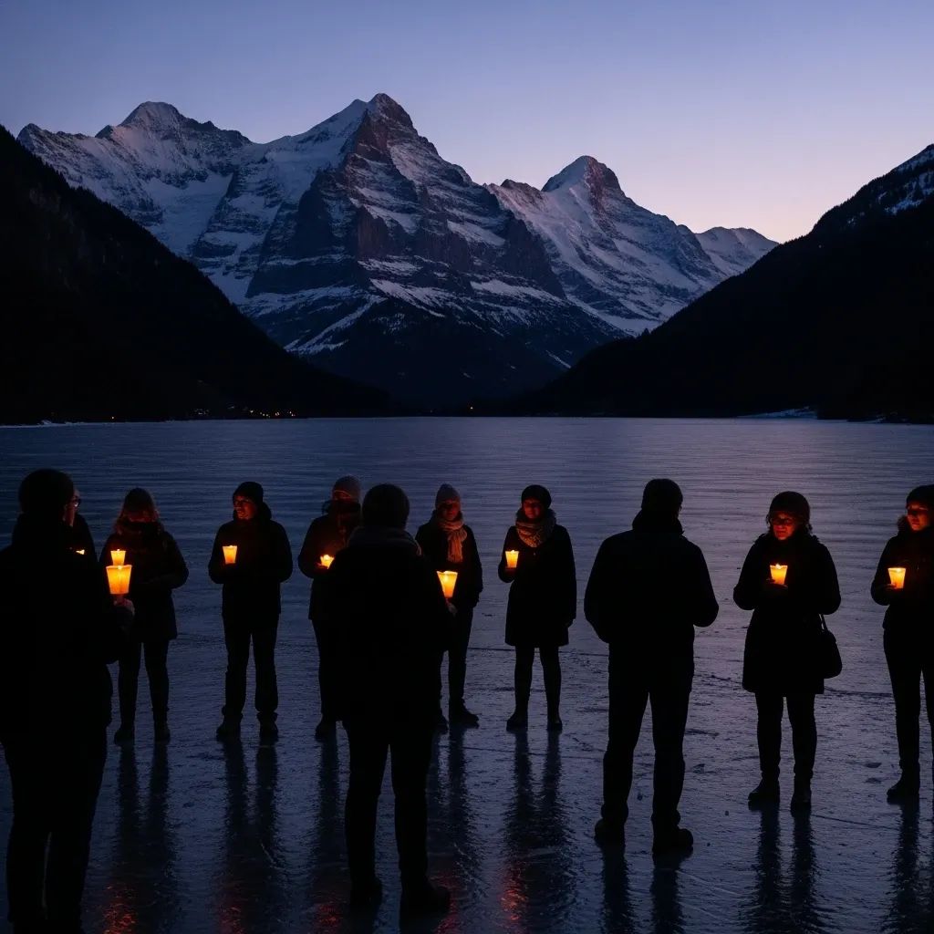 Portuguese community holding a candlelight vigil by a frozen Alpine lake in the Swiss Alps