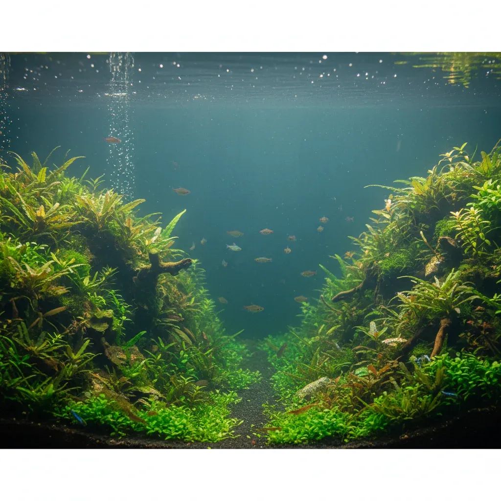 Lush underwater tropical forest aquascape with dense green vegetation and serene blue-green lighting