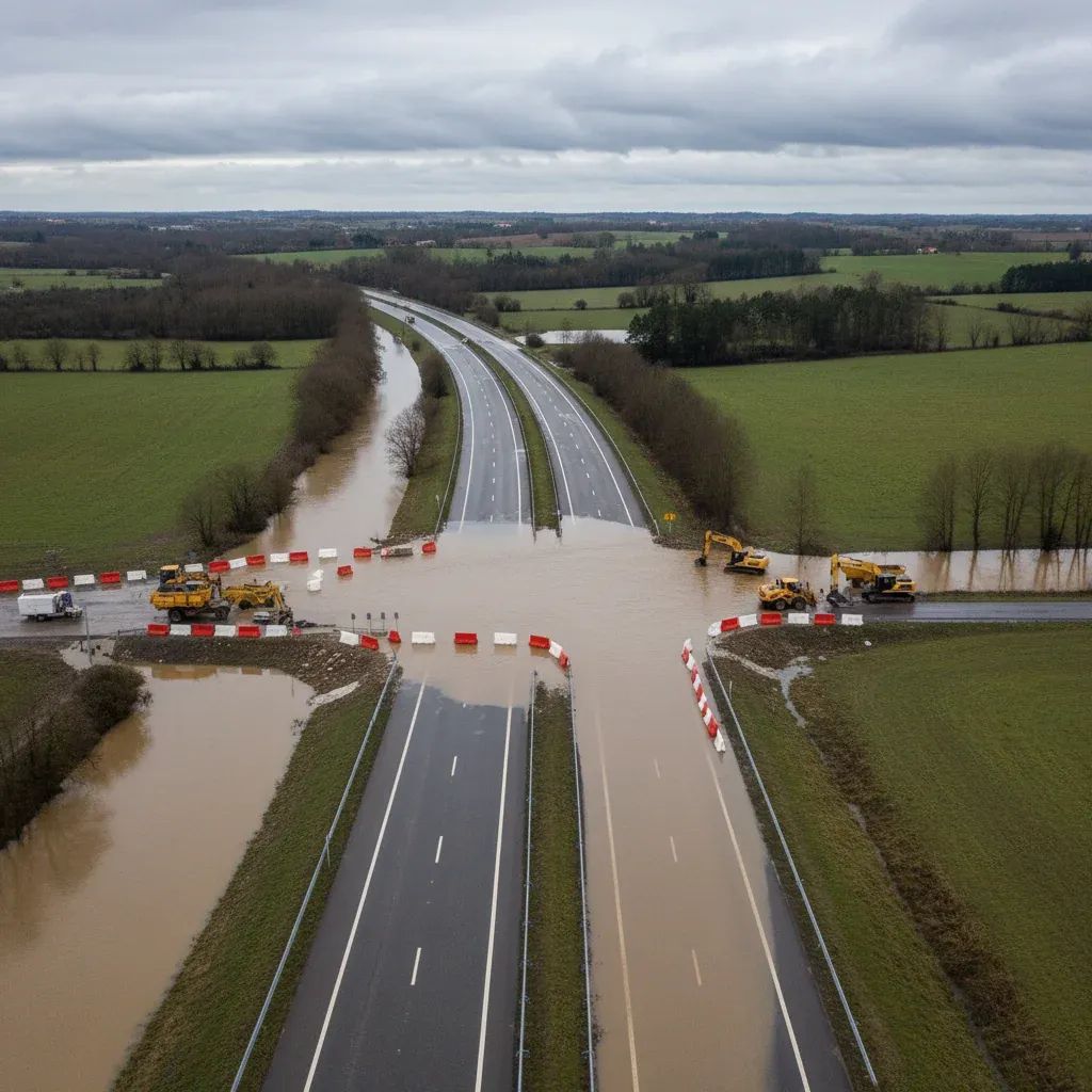 Aerial view of flooded A1 motorway near Coimbra with closed lanes and repair crews working