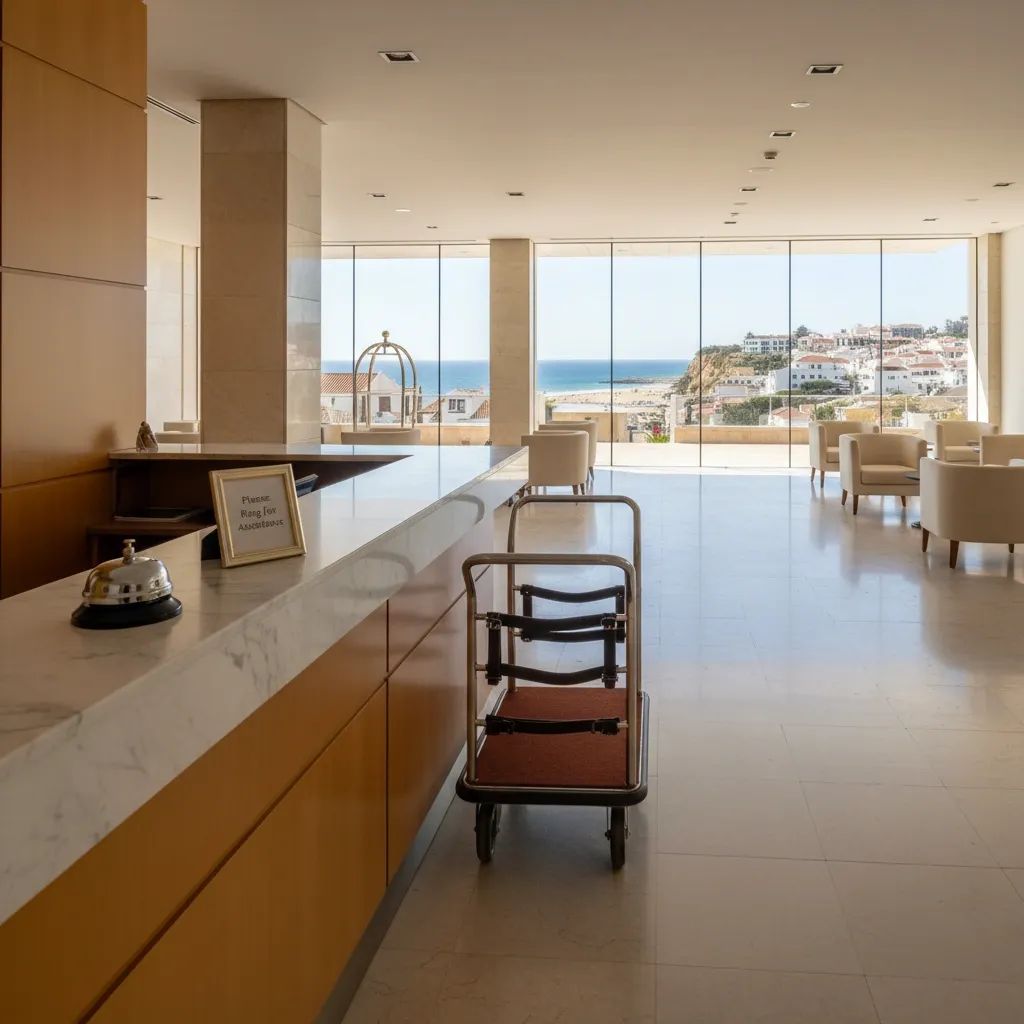Empty hotel reception with luggage cart overlooking Portuguese seaside, highlighting staff shortage risk