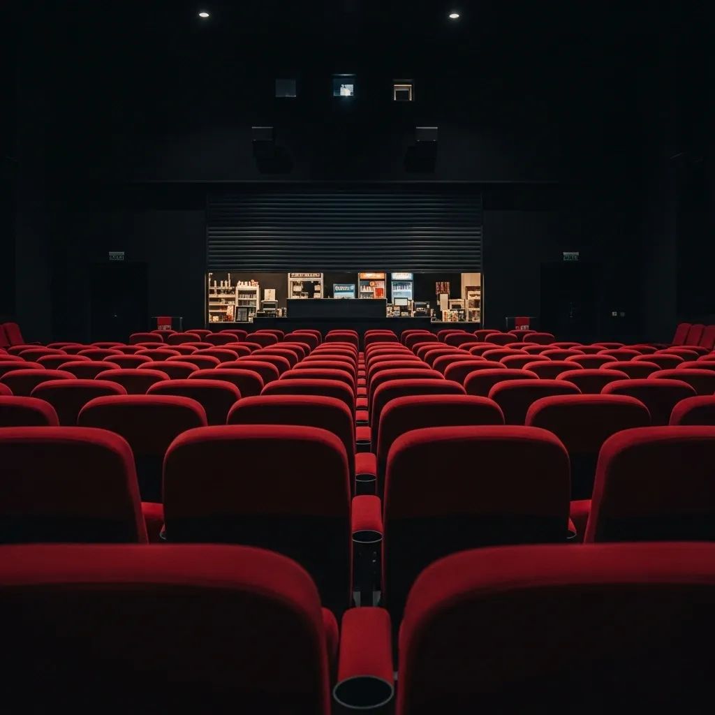 Empty modern cinema auditorium with rows of red seats and dim ambient lighting