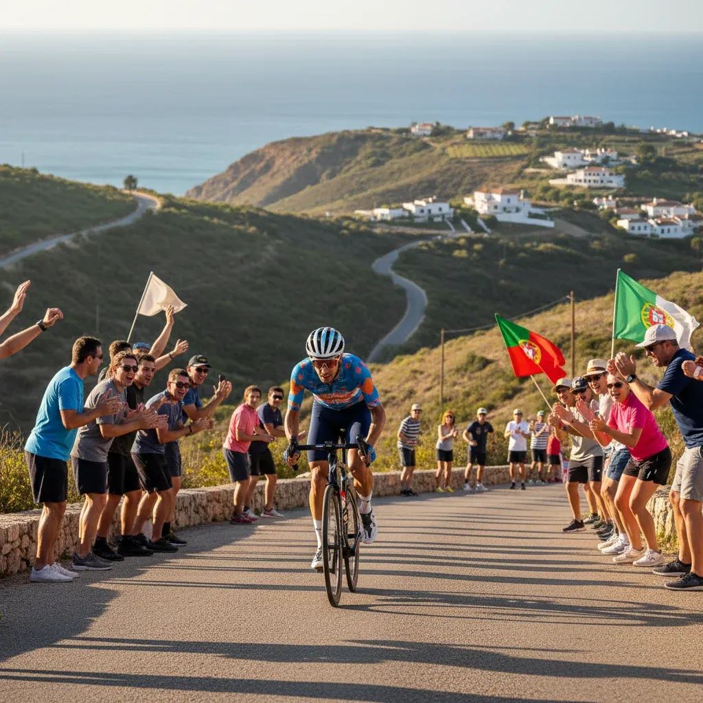 Professional cyclist climbing steep mountain road during Volta ao Algarve with spectators and Portuguese flags lining the route