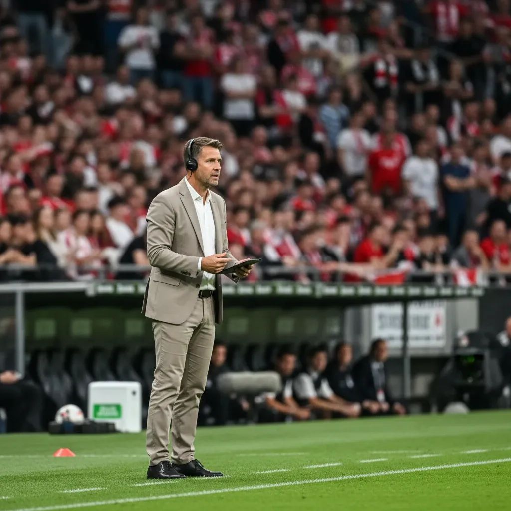 Football coach observing match from sidelines in modern stadium setting