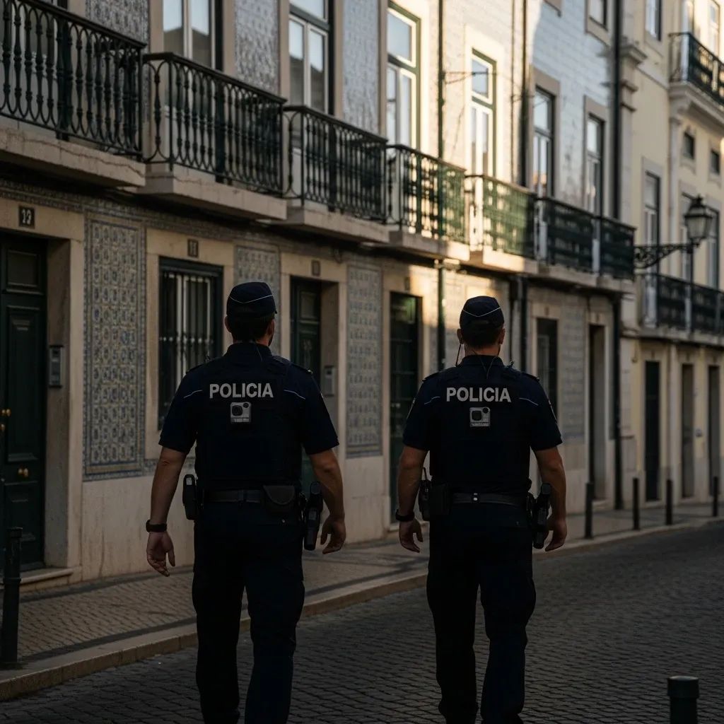 PSP officers wearing body-worn cameras patrolling a Lisbon street at dusk