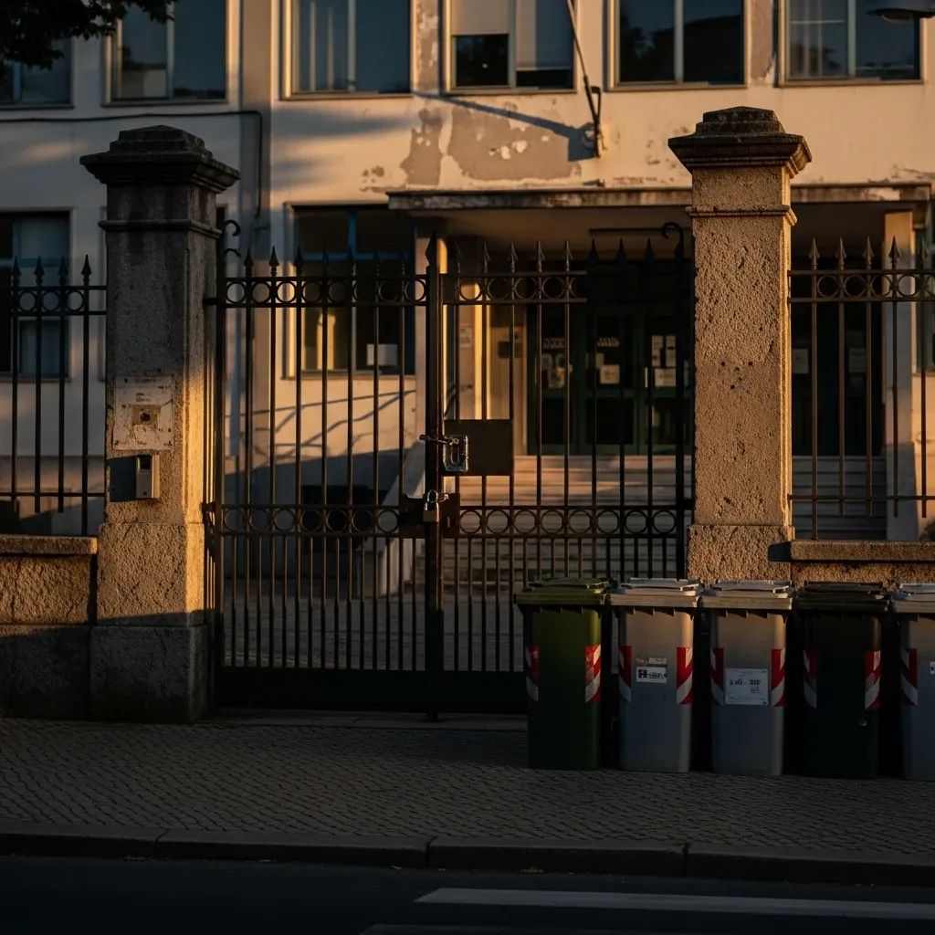 Empty school entrance with locked gate and waste bins at curb symbolizing public-sector strike in Portugal