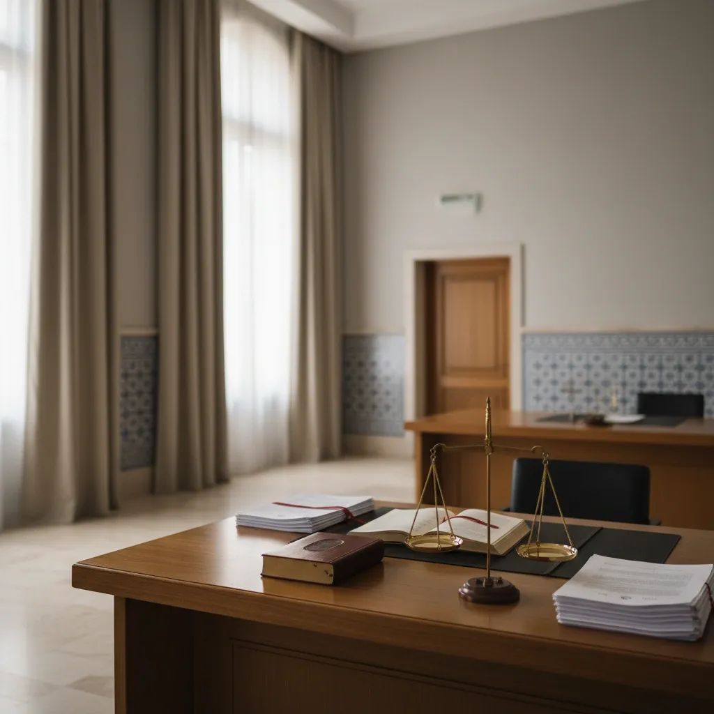 Portuguese courthouse interior showing judicial documents and legal proceedings setup