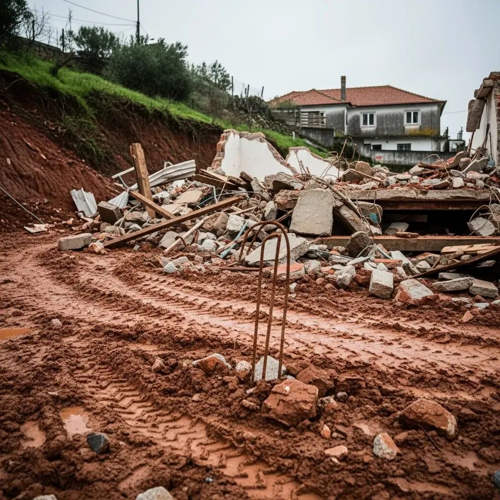 Rubble of a demolished self-built house on a muddy hillside in Almada