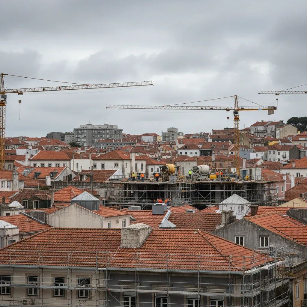 Construction crews repairing red-tiled roofs in a Portuguese neighborhood after storm damage