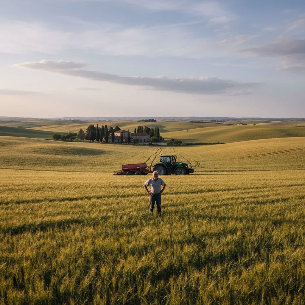 Portuguese farmer overlooking spring farmland with tractor, representing agriculture sector facing fertilizer crisis