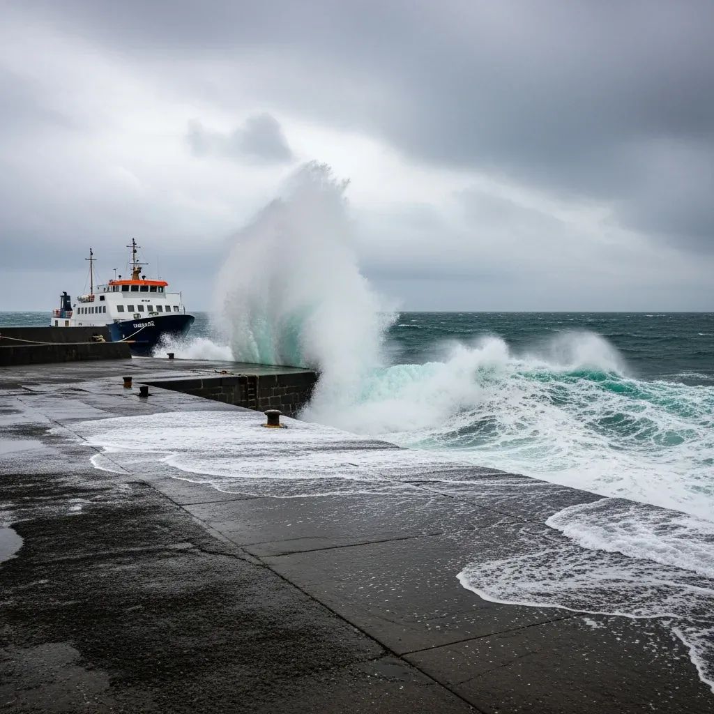 Ferry docked at an Azores harbour with towering Atlantic waves under a stormy sky