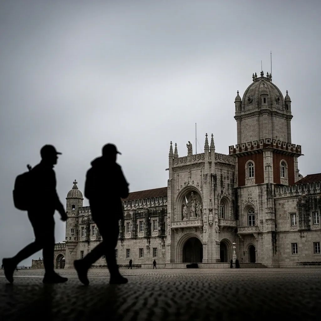Exterior of Belém Palace in Lisbon with two silhouette figures walking away