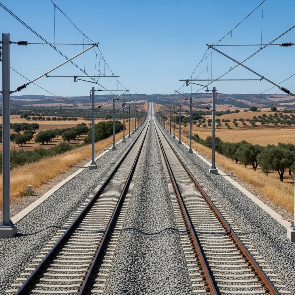 New electrified railway tracks in the Alentejo countryside ready for high-speed service