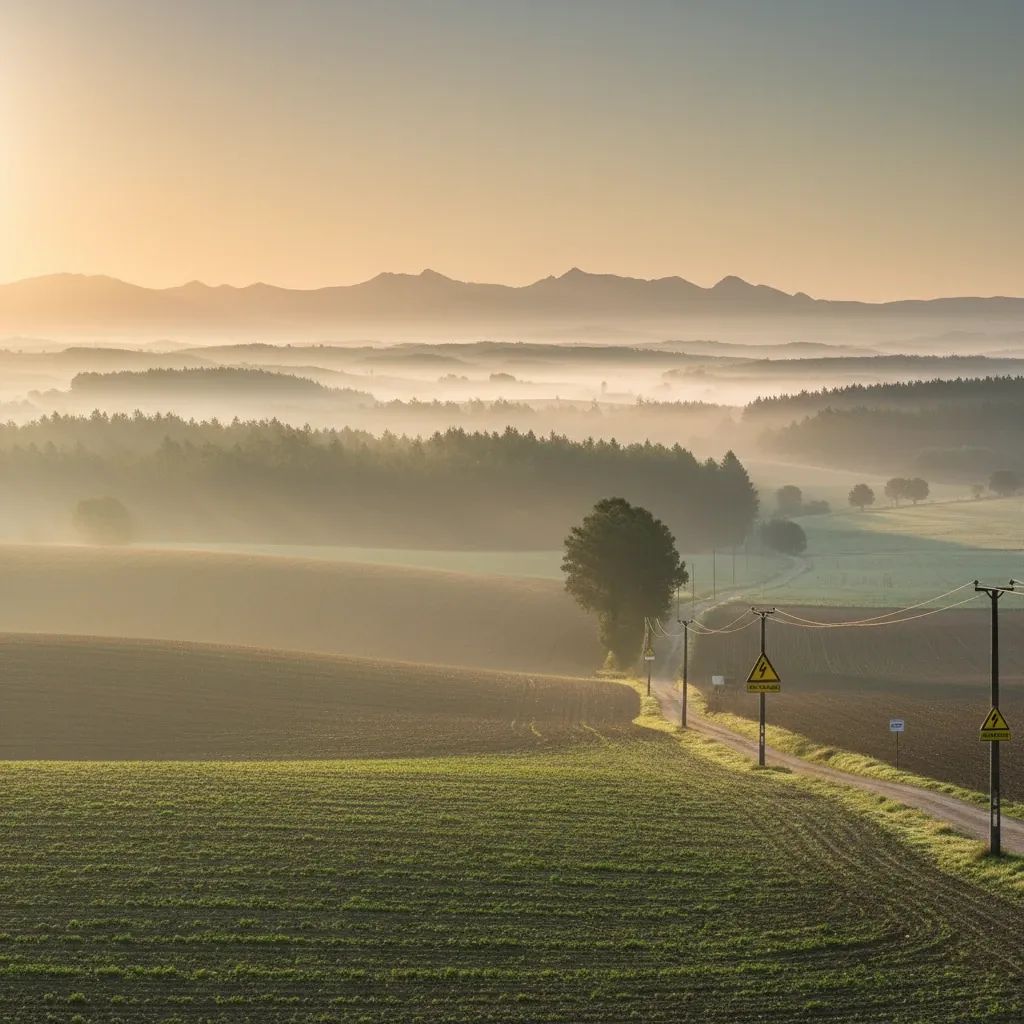 Rural Portuguese farmland with forest boundary and agricultural debris in spring season