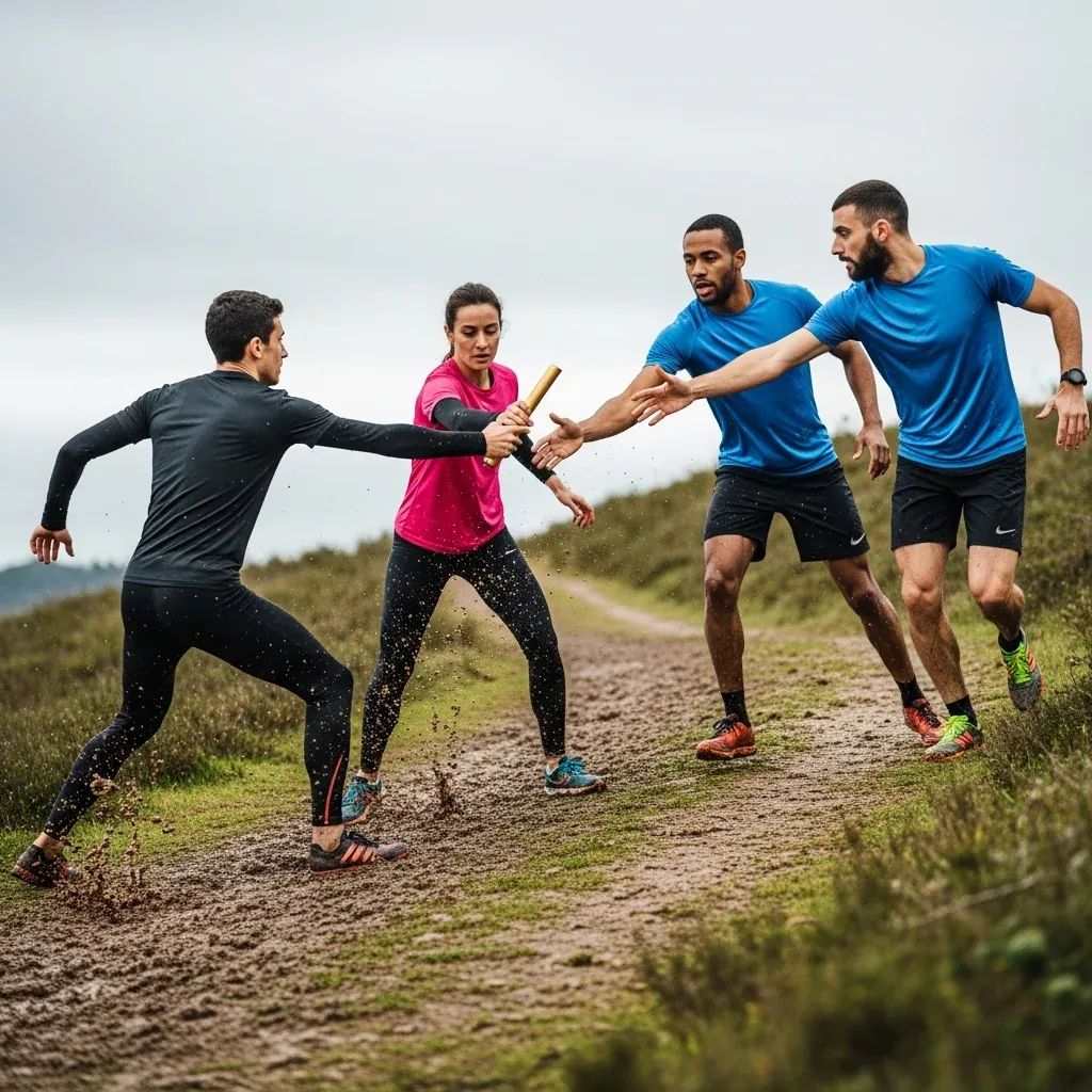 Four Portuguese athletes exchanging a baton during a muddy cross-country relay race at Lagoa’s Parque Urbano do Parchal