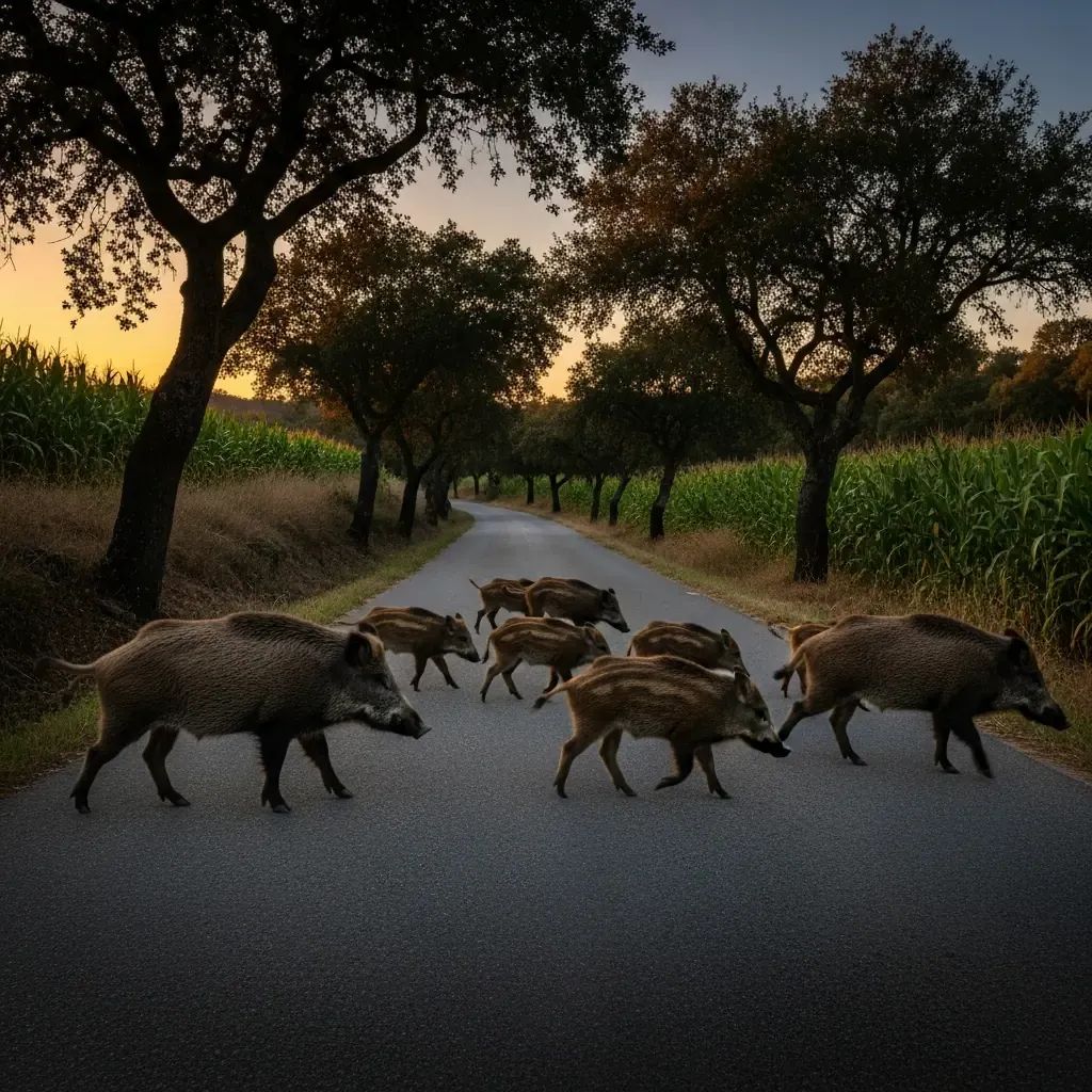 Herd of wild boar crossing a rural Portuguese road at dusk near fields