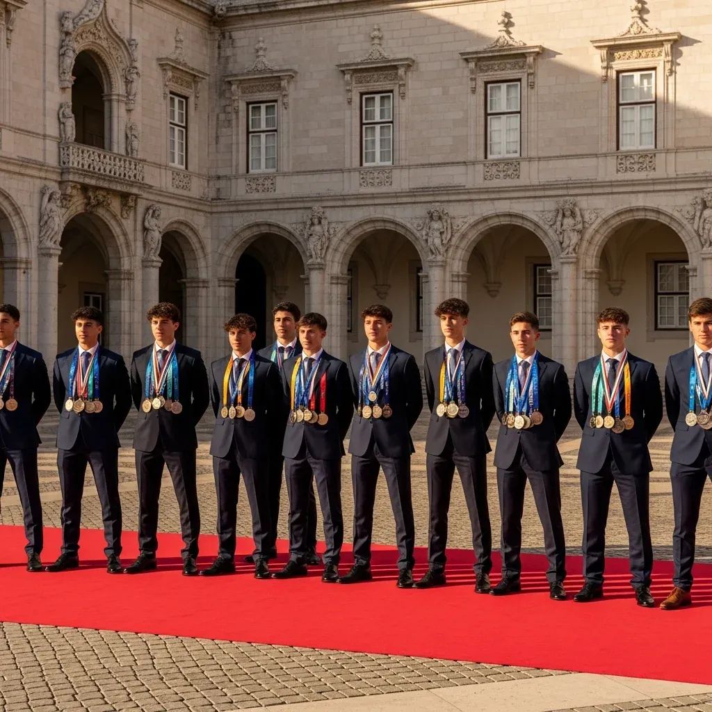 Teenage Portugal U17 footballers in formal attire receiving medals at Belém Palace courtyard