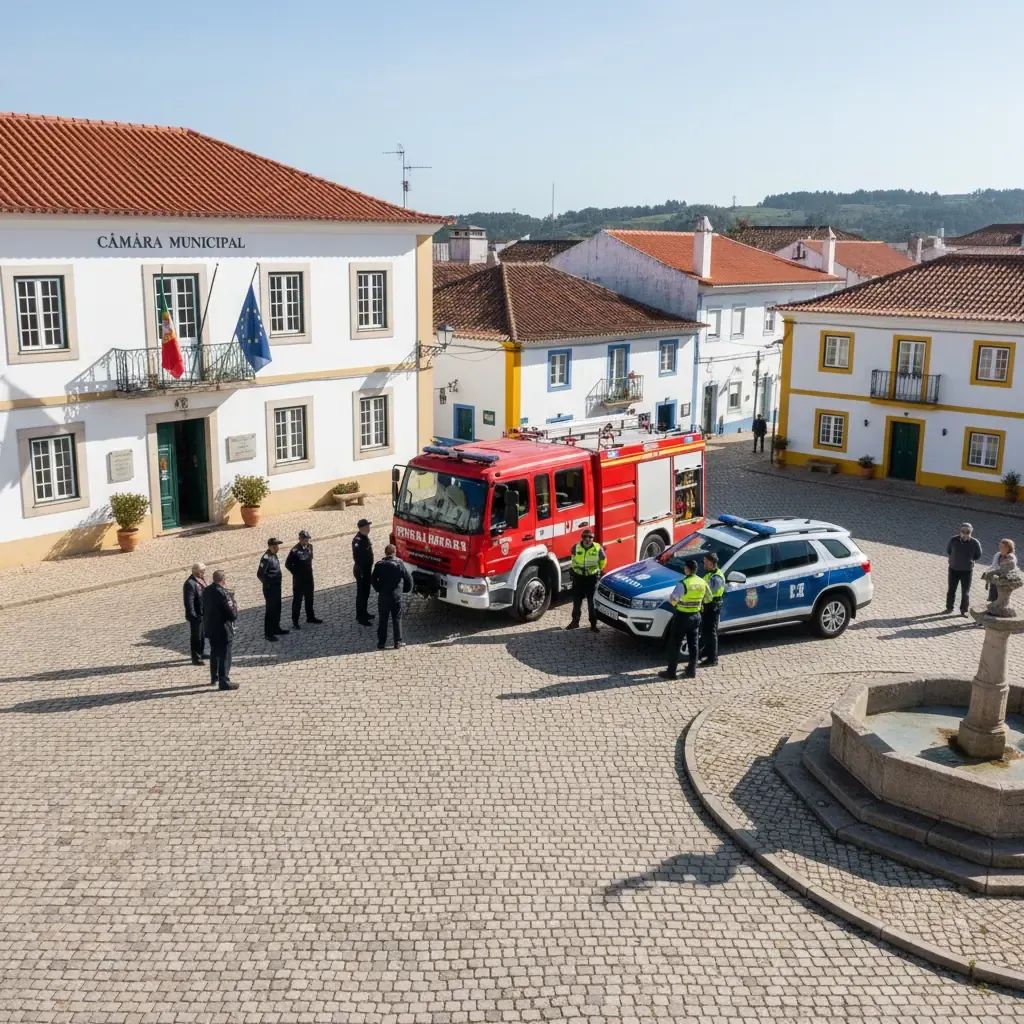 Portuguese village emergency response team and local government building representing parish civil protection authority