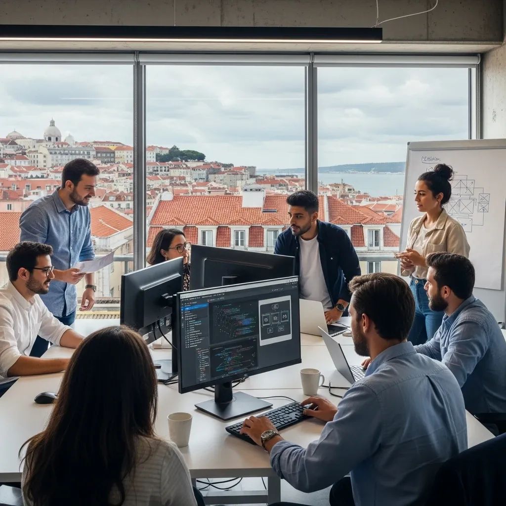 Engineers collaborating on AI and UX projects in a modern office with Lisbon skyline